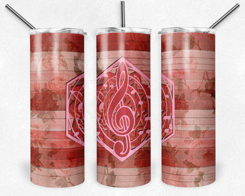 Engraved Music Notes on Red and Pink Floral Wood