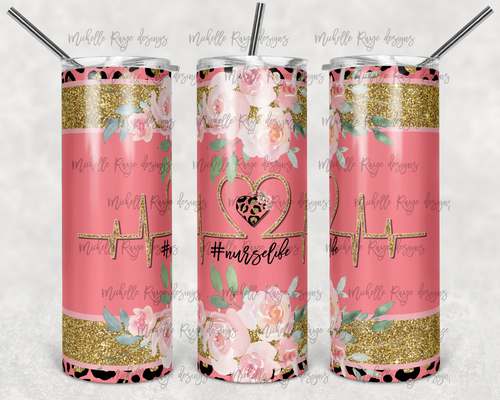 Nurse Life Pink Floral Glitter Leopard Print