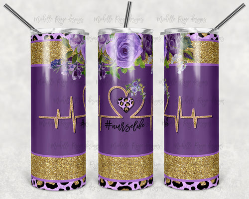 Nurse Life Purple Floral Glitter Leopard Print