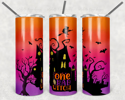 Halloween Sunset Ombre Haunted House Silhouette One Bad Witch