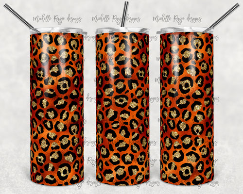 Orange Metallic Foil and Gold Glitter Leopard Print