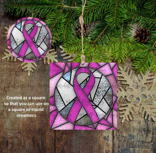 Pink Awareness Ribbon Stained Glass Christmas Ornament, Breast Cancer