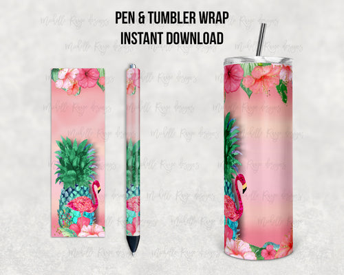 Tropical Watercolor Floral Pineapple Flamingo Blank Combo