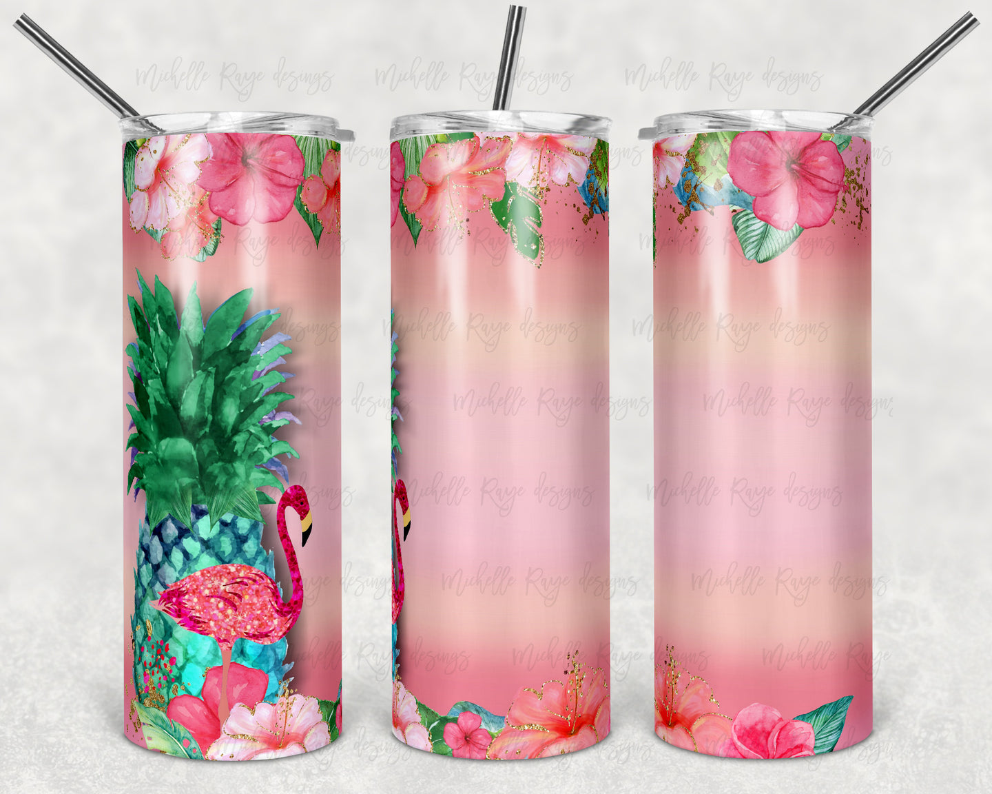 Tropical Watercolor Floral Pineapple Flamingo Blank