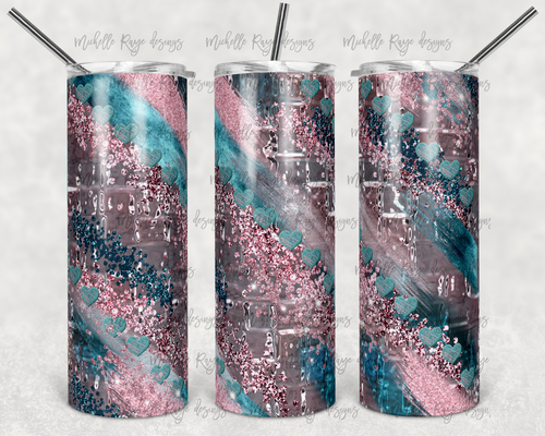 Pink and Teal Hearts on Glass and Glitter Milky Way