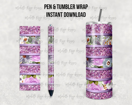 Purple Flower Glitter Stripes Epoxy Pen Wrap and Tumbler Combo