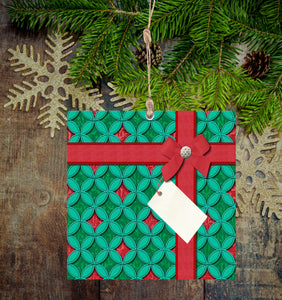 Wrapped Red and Green Velvet Quilt with Bow Christmas Ornament