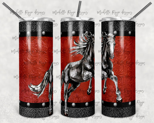 Watercolor Horse on Red Tooled Leather Background