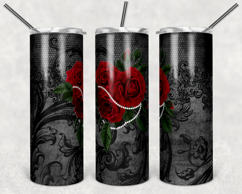 Roses and Pearls on Black Lace Background