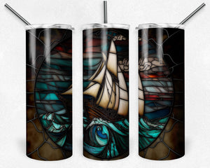 Sailboat in Stormy Ocean Scene Stained Glass