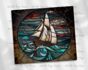 Sailboat in Stormy Ocean Scene Stained Glass