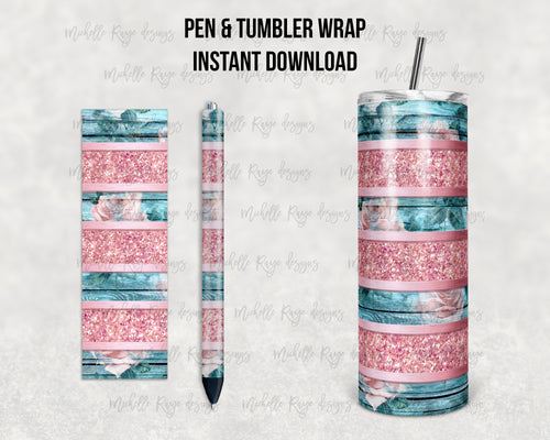 Shabby Chic Rose Stripes Epoxy Pen Wrap and Tumbler Combo