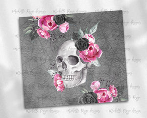 Skull with Pink Florals and Spiderwebs