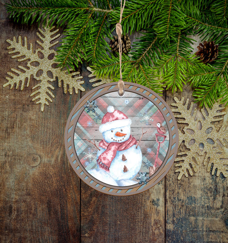 Plaid on Wood Snowman Christmas Ornament