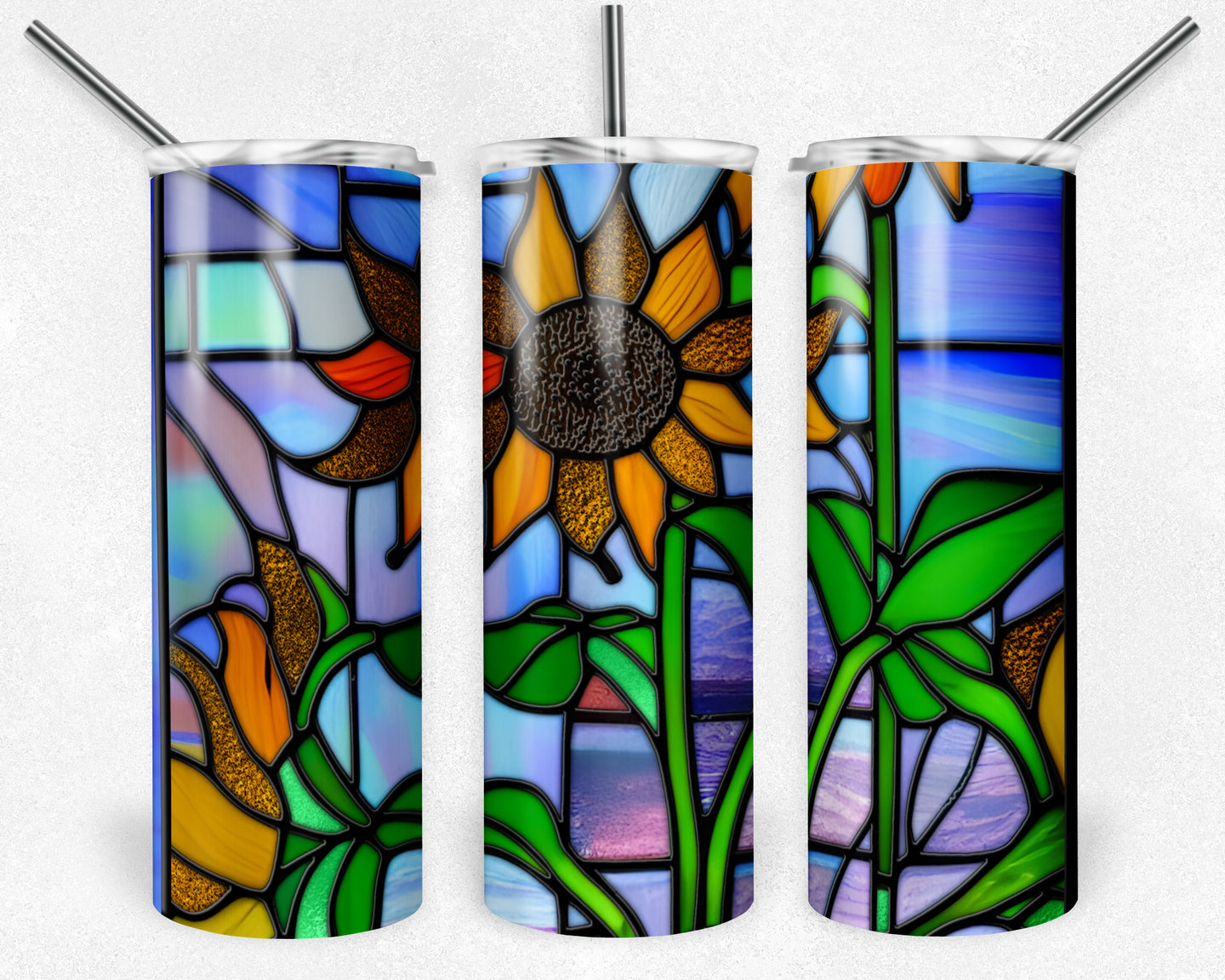 Sunflower with Teal and Purple Background Stained Glass