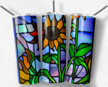 Load image into Gallery viewer, Sunflower with Teal and Purple Background Stained Glass