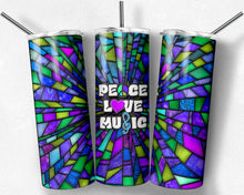 Load image into Gallery viewer, Purple and Teal Stained Glass, Peace Love Music