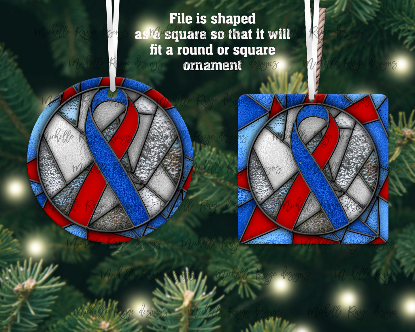 Blue and Red Awareness Ribbon Stained Glass Christmas Ornament, Congenital Heart Defects