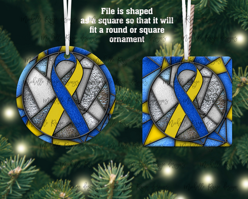 Blue and Yellow Awareness Ribbon Stained Glass Christmas Ornament, Down Syndrome