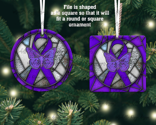 Purple Awareness Ribbon with Butterfly Stained Glass Christmas Ornament, Turner's Syndrome