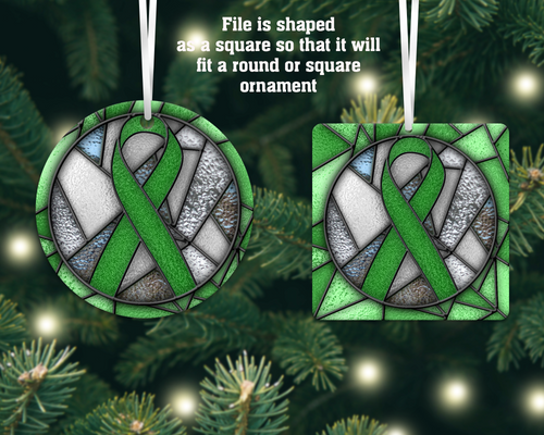 Green Awareness Ribbon Stained Glass Christmas Ornament, Adrenal Cancer, Kidney Cancer