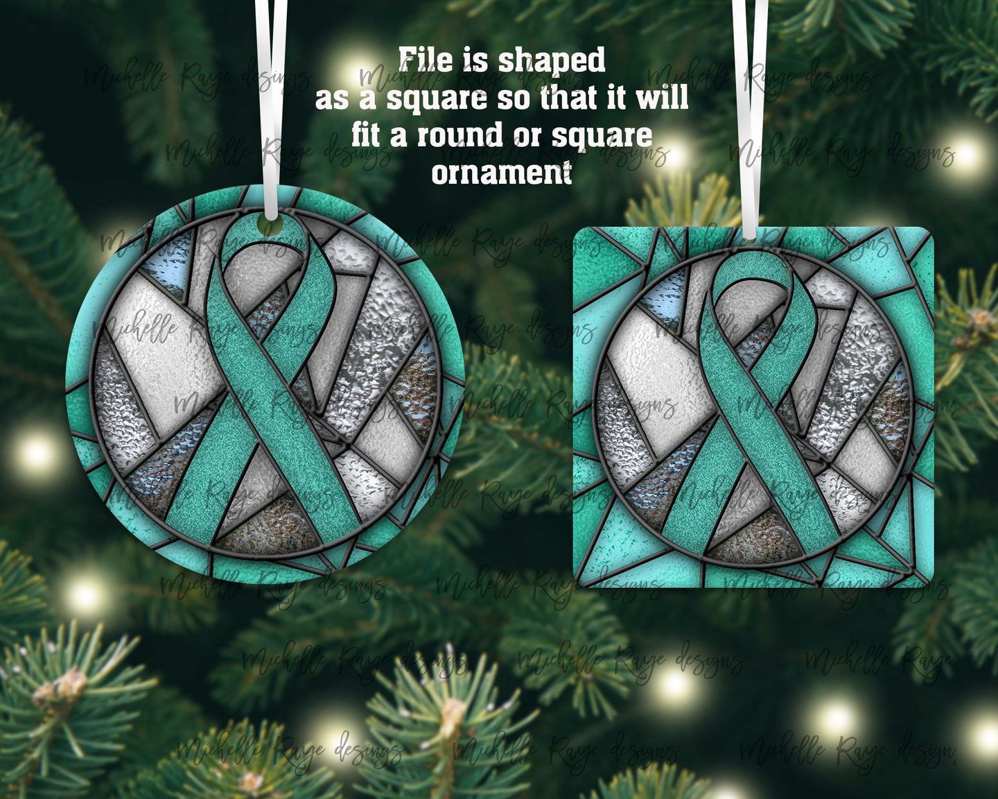 Teal Awareness Ribbon Stained Glass Christmas Ornament, Cervical Cancer, Ovarian Cancer