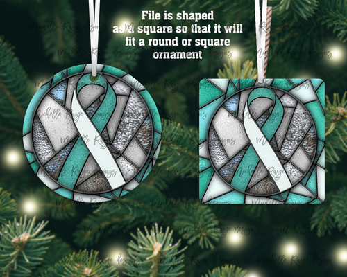 Teal and White Awareness Ribbon Stained Glass Christmas Ornament, Cervical Cancer