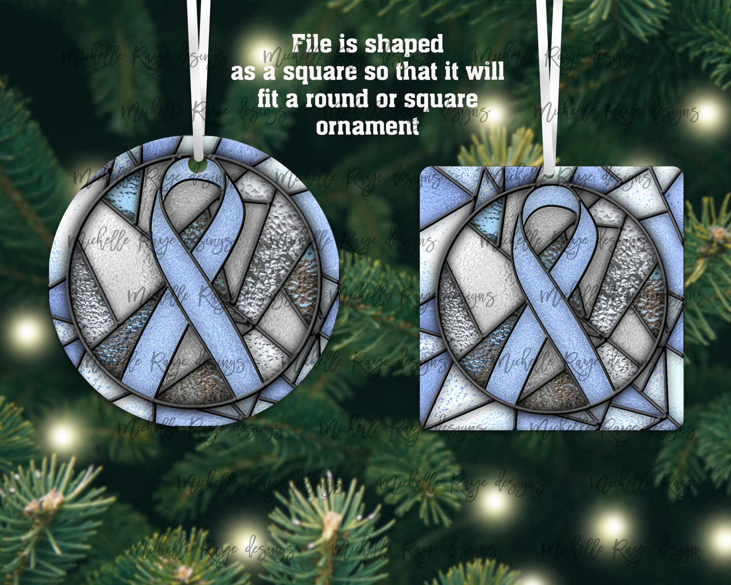Light Blue Awareness Ribbon Stained Glass Christmas Ornament, Prostate Cancer, Lymphadema