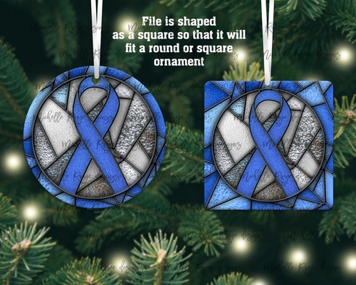 Blue Awareness Ribbon Stained Glass Christmas Ornament, Colon Cancer, Huntington's Disease, Guillain Barre Syndrome