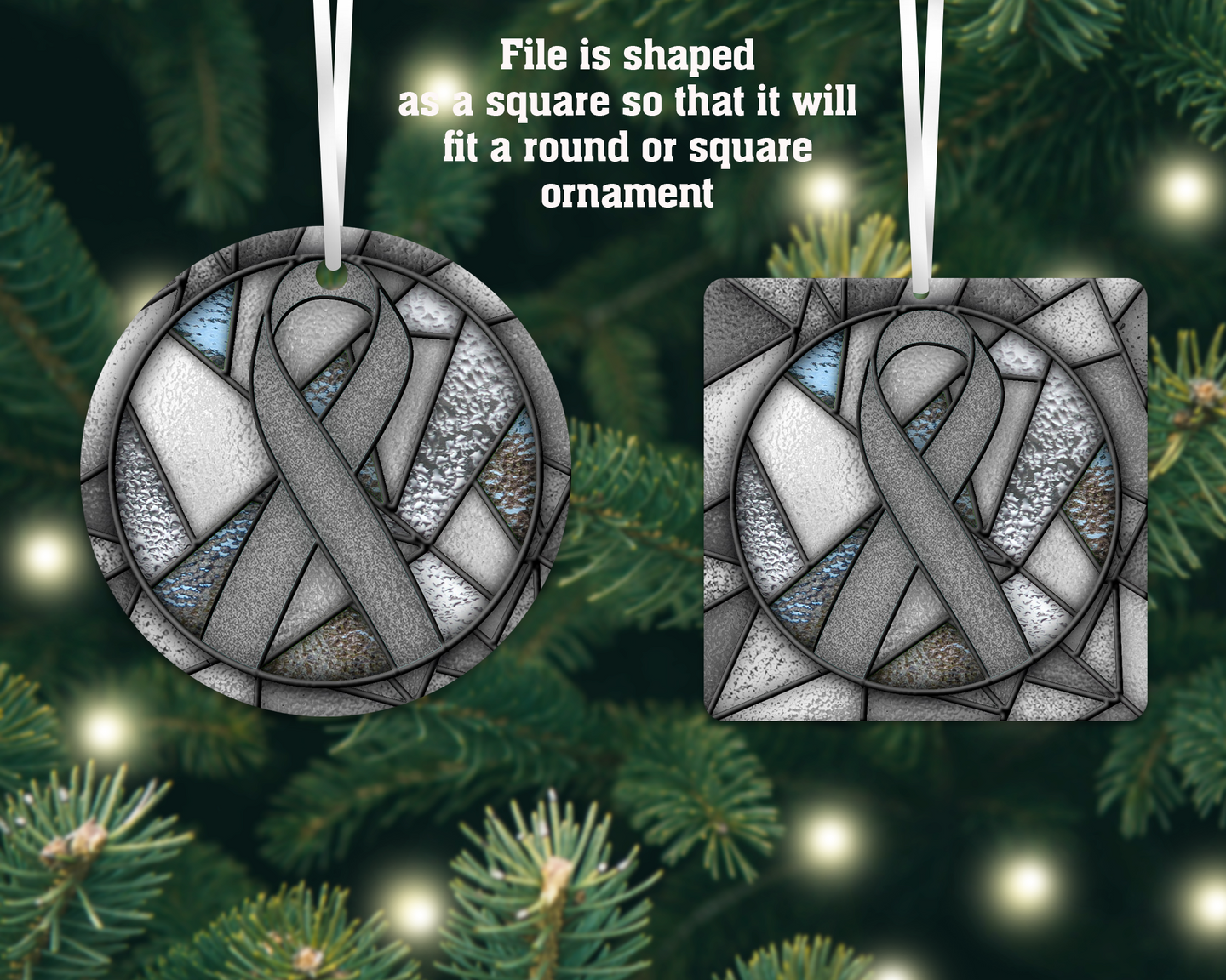 Silver Awareness Ribbon Stained Glass Christmas Ornament, Parkinson's Disease