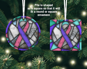 Teal Purple Pink Awareness Ribbon Stained Glass Christmas Ornament, Thyroid Cancer