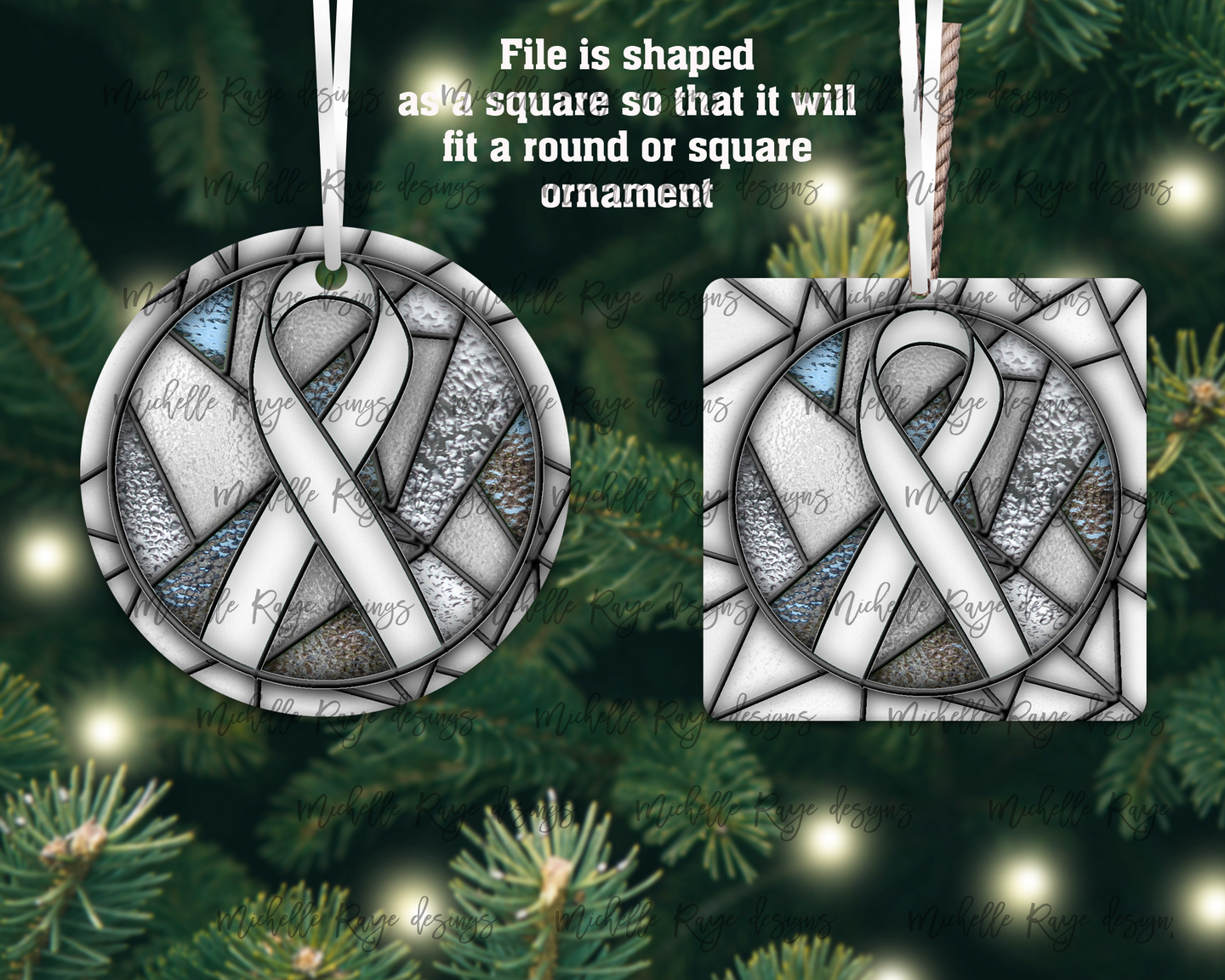 White Awareness Ribbon Stained Glass Christmas Ornament, Lung Cancer, Multiple Sclerosis