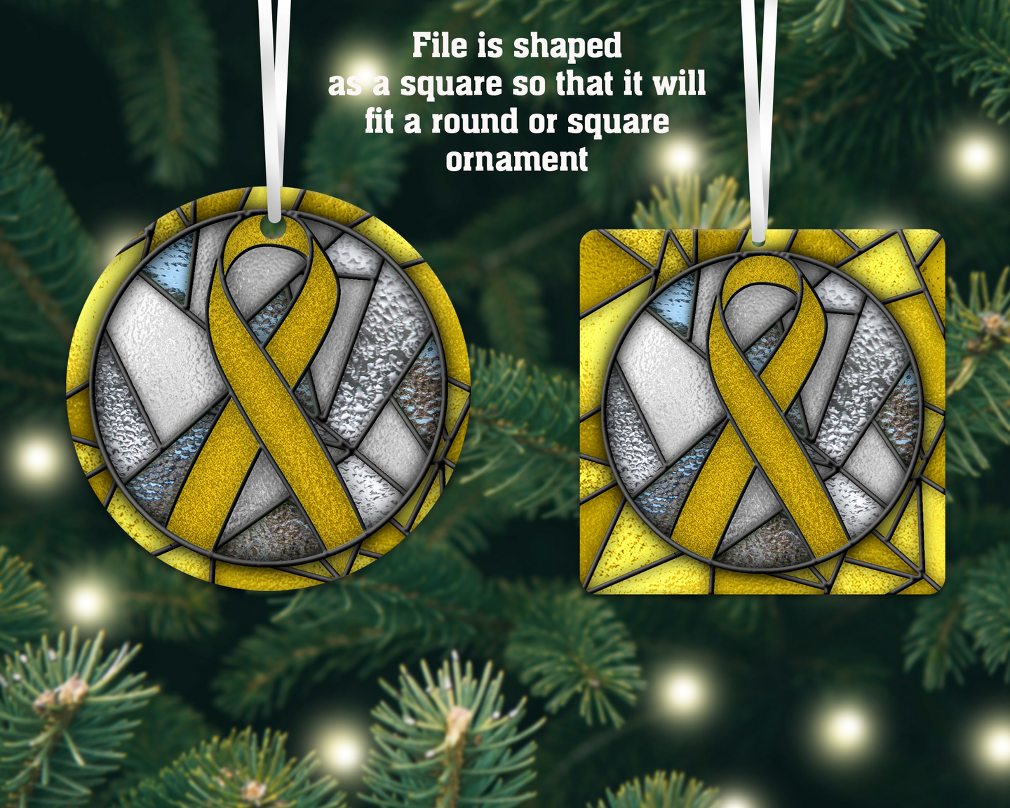 Yellow Awareness Ribbon Stained Glass Christmas Ornament, Bladder Cancer, Liver Cancer