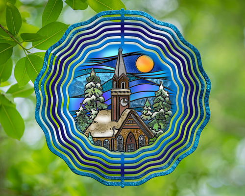 Christmas Church Winter Scene Stained Glass Wind Spinner 10
