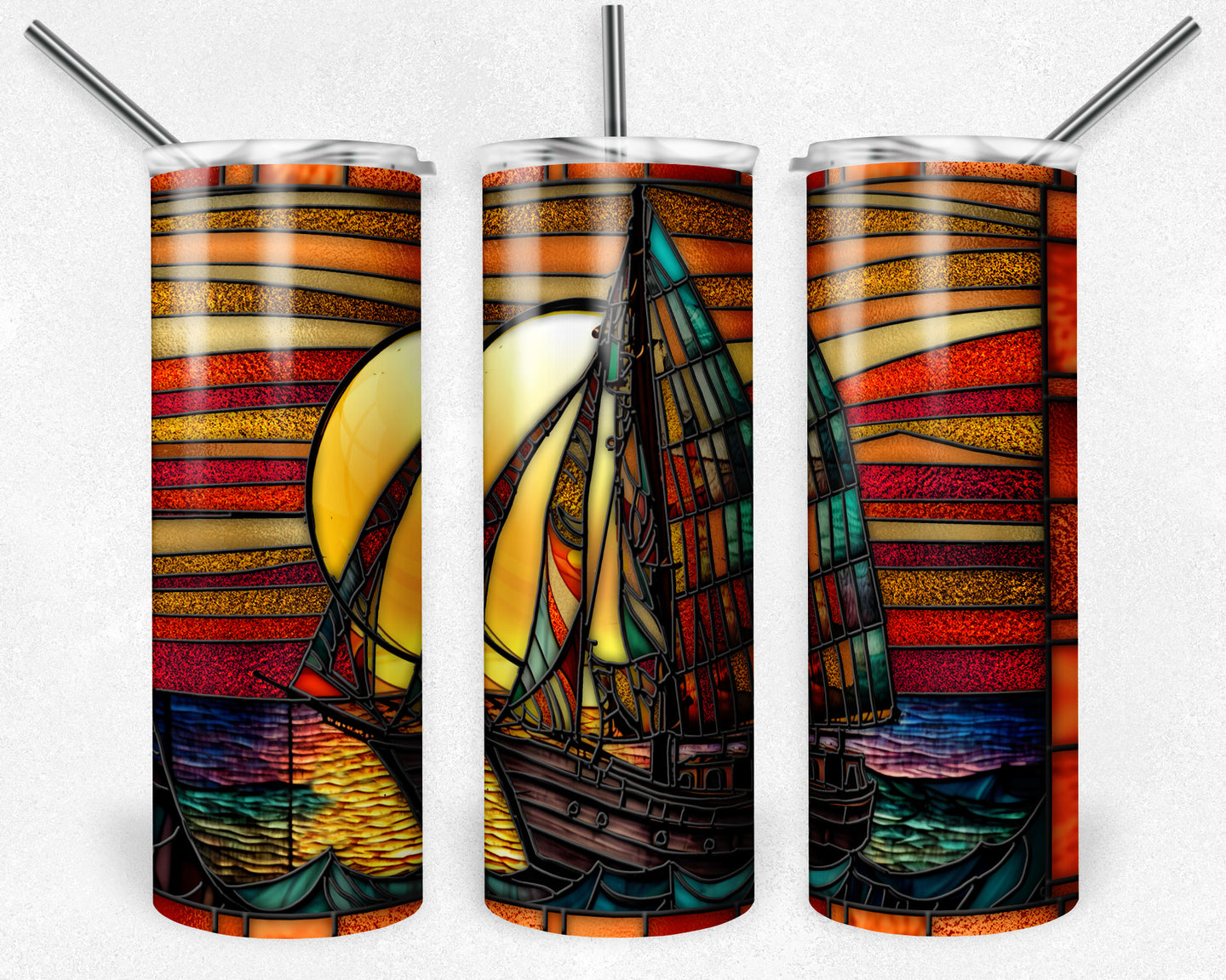 Sailboat with Bright Sunset Scene Stained Glass