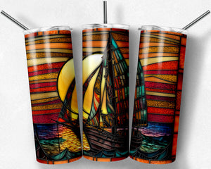Sailboat with Bright Sunset Scene Stained Glass