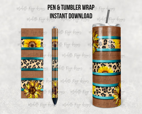 Sunflower Leopard Teal Stripes Epoxy Pen Wrap and Tumbler Combo