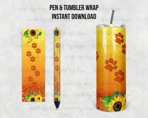 Sunflowers and Paw Prints on Orange and Yellow Glitter Ombre Combo