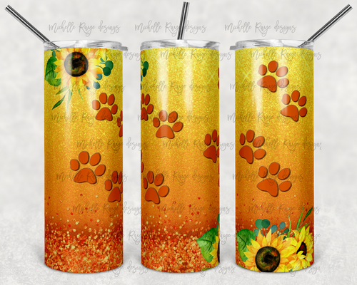 Sunflowers and Paw Prints on Orange and Yellow Ombre Glitter