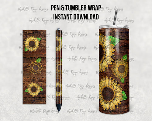 Sunflower Rustic Wood Epoxy Pen Wrap and Tumbler Combo
