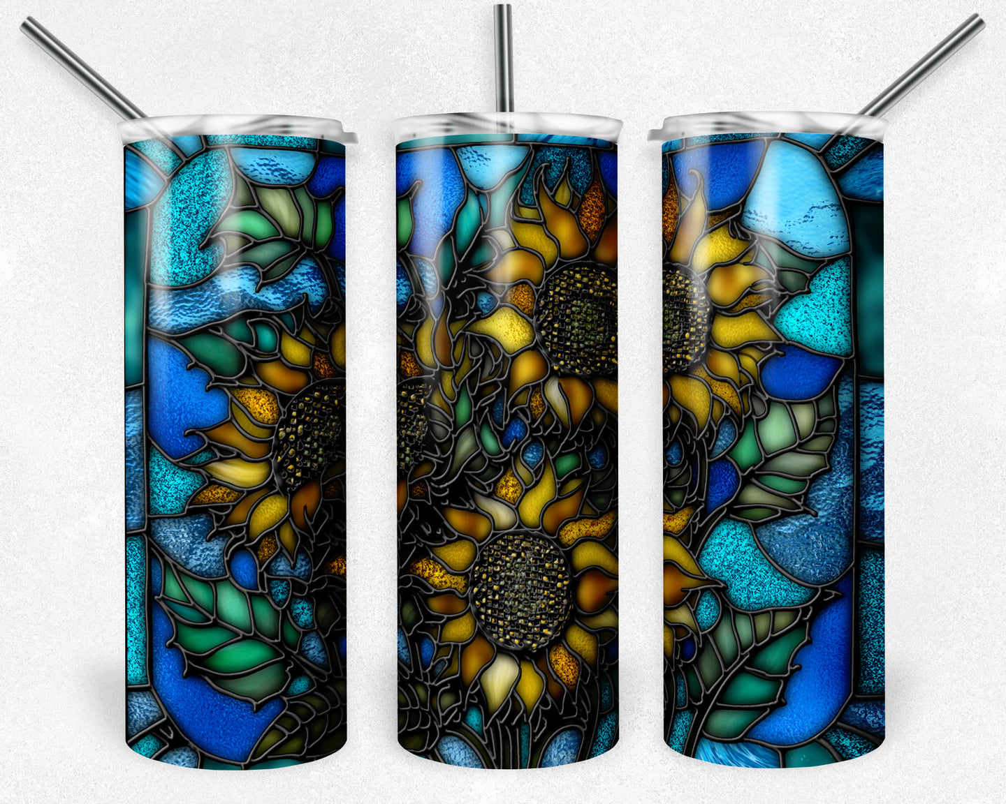 Blue and Green Sunflowers Stained Glass
