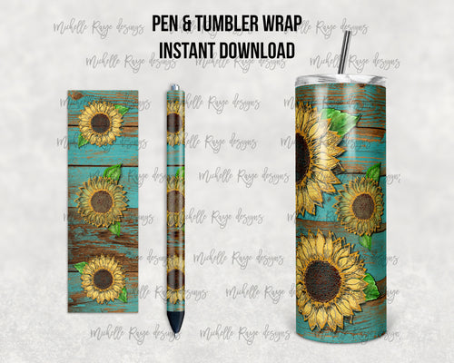 Sunflower Teal Rustic Epoxy Pen Wrap and Tumbler Combo