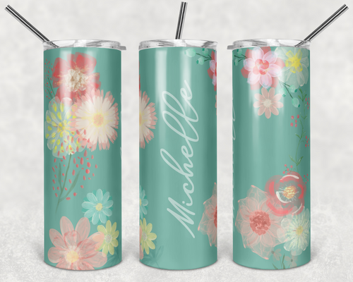 Teal Coral Yellow Watercolor Flowers Blank with No Frame