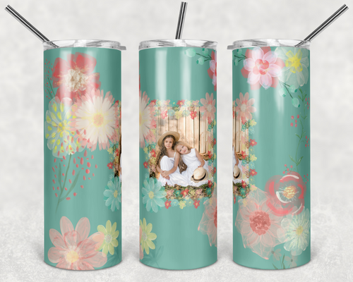 Teal Coral Yellow Watercolor Flowers with Picture Frame