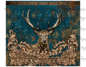 Deer Head on Teal Patina Background and Wood Flourishes