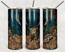 Load image into Gallery viewer, Deer Head on Teal Patina Background and Wood Flourishes