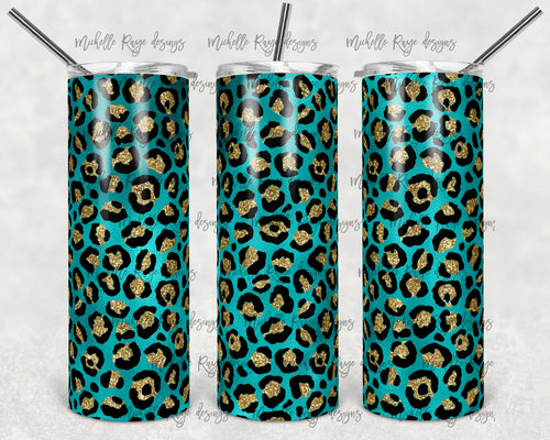 Teal Metallic Foil and Gold Glitter Leopard Print