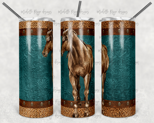 Rustic Watercolor Horse with Teal Tooled Leather Background
