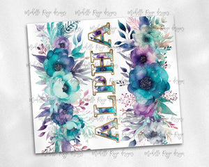 Teal and Purple Watercolor Flowers PNG Alphabet