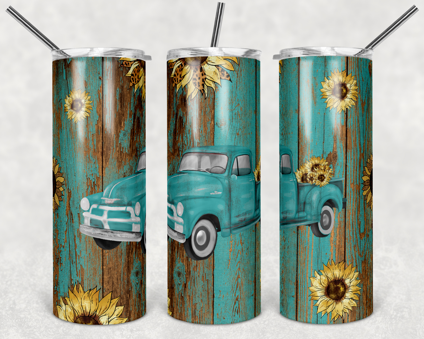 Teal Truck with Leopard Print Sunflowers